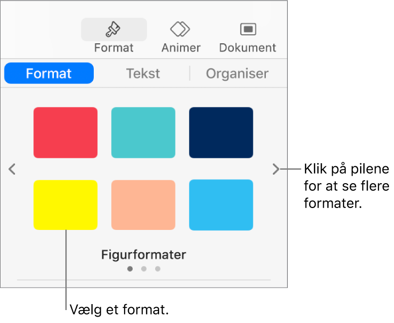 Fanen Format i indholdsoversigten Format med seks objektformater og navigationspile til venstre og højre for dem.