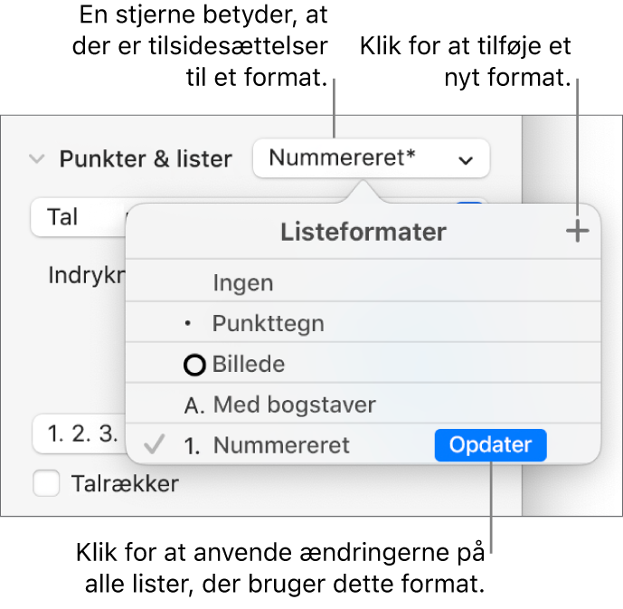 Lokalmenuen Listeformater med en stjerne, der viser en tilsidesættelse, en billedforklaring til knappen Nyt format og en undermenu med muligheder til styring af formater.