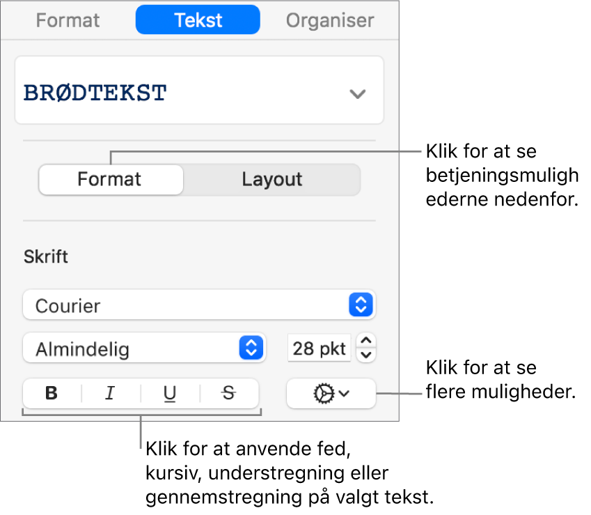 Betjeningsmulighederne til Format i indholdsoversigten med billedforklaringer til knapperne Fed, Kursiv, Understreget og Gennemstreget.