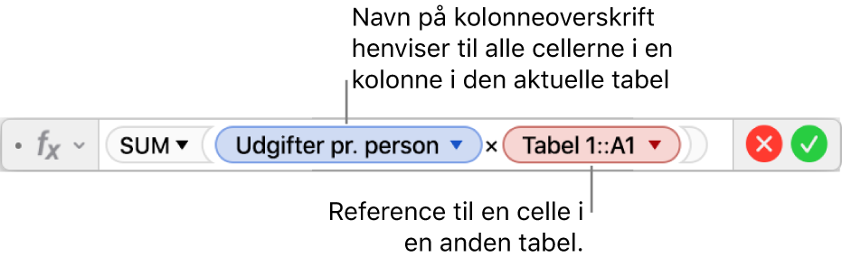Formelværktøjet med en trekant, som du klikker på for at åbne muligheder for at bevare række- og kolonnereferencer.