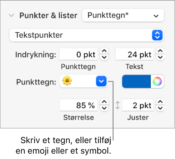 Sektionen Punkter & lister i indholdsoversigten Format. I feltet Punkttegn vises emoji-symbolet Blomst.