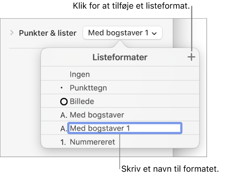 Lokalmenuen Listeformater med knappen Tilføj i øverste højre hjørne og et eksempel på et formatnavn med teksten valgt.