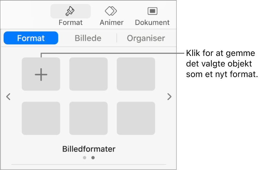 Fanen Format i indholdsoversigten Format med et format på tekstfelter, knappen Opret format til højre for det og fire tomme formateksempler.