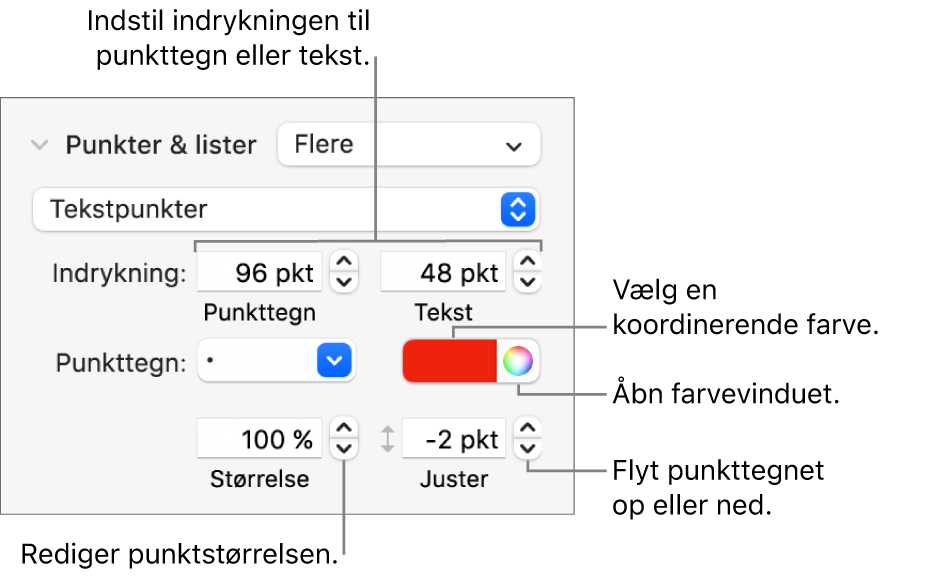 Punkter & lister med billedforklaringer til betjeningsmulighederne til indrykning af punkttegn og tekst, farve og størrelse på punkttegn og justering.