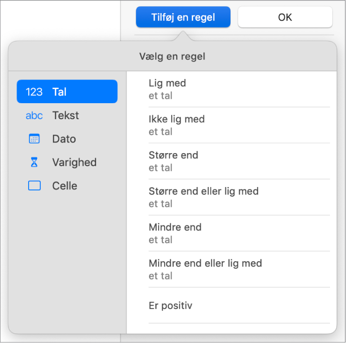 Betjeningsmuligheder til indstilling af betinget markering.
