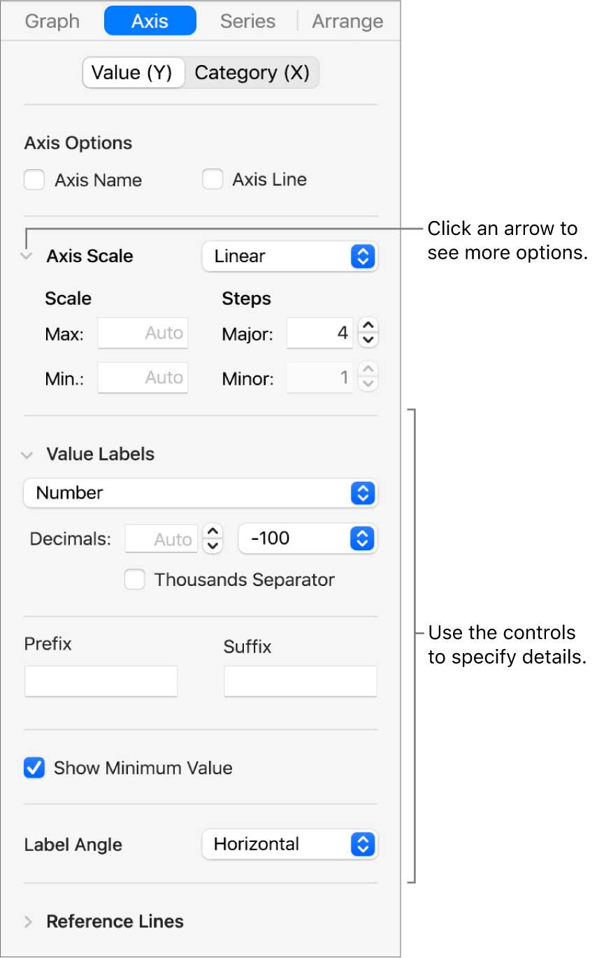 Controls for formatting graph axis markings.