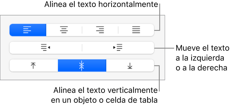 Sección Alineación del botón Formato con mensajes en los botones de alineación de texto.