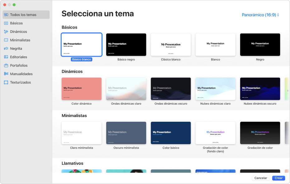 El selector de tema. A la izquierda aparece una barra lateral que muestra categorías de temas en las que puedes hacer clic para filtrar las opciones. En la parte derecha hay miniaturas de temas prediseñados organizadas en filas por categoría, empezando por Básicos en la parte superior y seguida por Dinámicos, Minimalistas y Llamativos. En la esquina inferior derecha están los botones Cancelar y Crear.