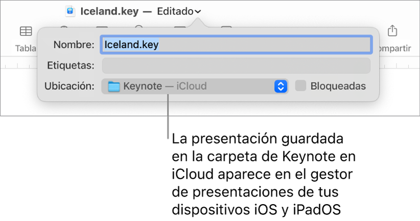 El cuadro de diálogo Guardar de una presentación abierta con “Keynote — iCloud” se encuentra en el menú desplegable Dónde.