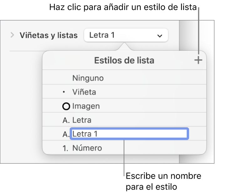 El menú desplegable “Estilos de lista” con el botón Añadir en la esquina superior derecha y un marcador de posición de nombre de estilo con su texto seleccionado.