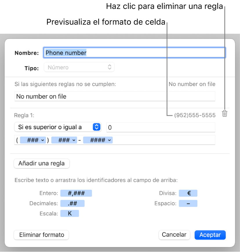 Formato de celda numérica personalizada con reglas.