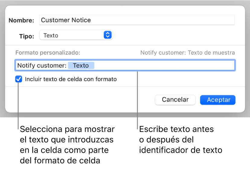 Formato de celda de texto personalizada.