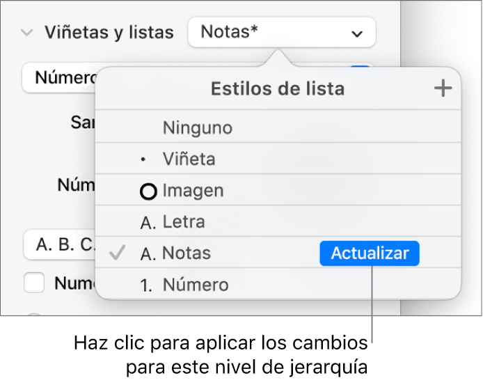 El menú desplegable “Estilos de lista” con el botón Actualizar junto al nombre del nuevo estilo.