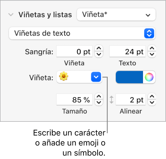La sección de viñetas y listas de la barra lateral Formato. El campo Viñeta muestra un emoji de una flor.