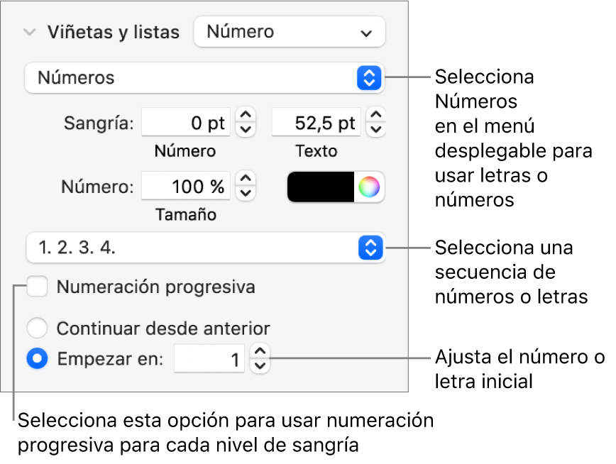 Controles para cambiar el estilo de numeración y el espaciado de una lista.