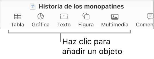 La barra de herramientas de Keynote con los botones Tabla, Gráfica, Texto, Figura y Multimedia.