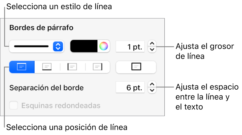 Controles para cambiar el estilo de línea, grosor, posición y color.