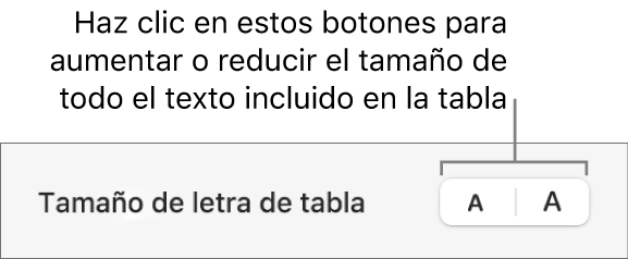 Controles de la barra lateral para cambiar el tamaño de letra de la tabla.