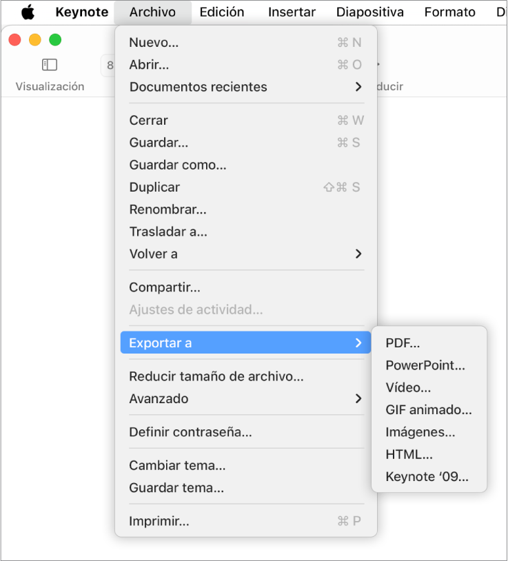 El menú Archivo abierto con la opción “Exportar a” seleccionada y el submenú donde se muestran las opciones de exportación a PDF, PowerPoint, Movie, HTML, Images y Keynote ’09.