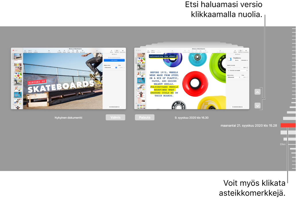 Palauta-näkymä, jossa näkyvät asteikkomerkit ja nuolet.