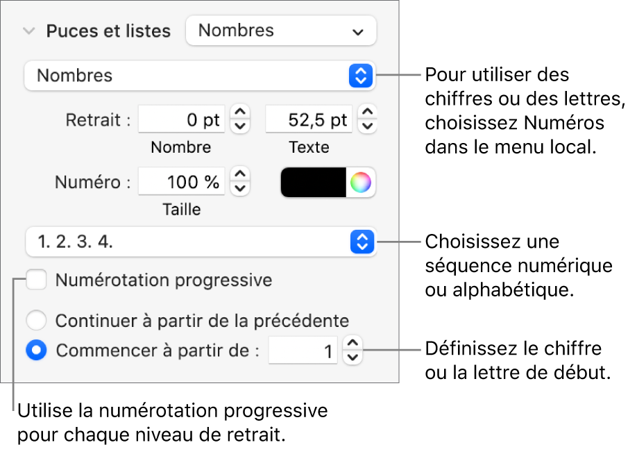 Commandes de modification du style de numérotation et de l’espacement d’une liste.