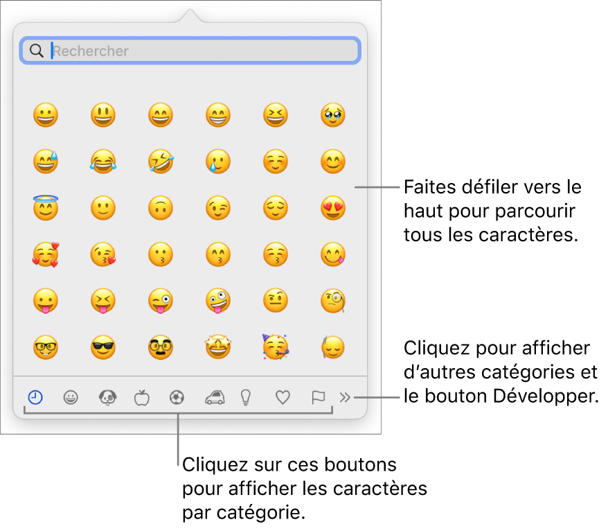 Le menu contextuel Caractères spéciaux affichant des émoticônes, les boutons de différents types de symboles en bas de la fenêtre et la légende d’un bouton pour afficher toute la fenêtre des caractères.