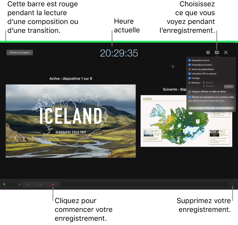 Capture d’écran du mode d’enregistrement de voix sur l’écran du présentateur. Les commandes de la diapositive actuelle et de la suivante, de l’heure actuelle et de l’écran du présentateur sont affichées. La commande de démarrage et d’arrêt de l’enregistrement, ainsi que la commande de suppression de l’enregistrement s’affichent en bas de l’écran.