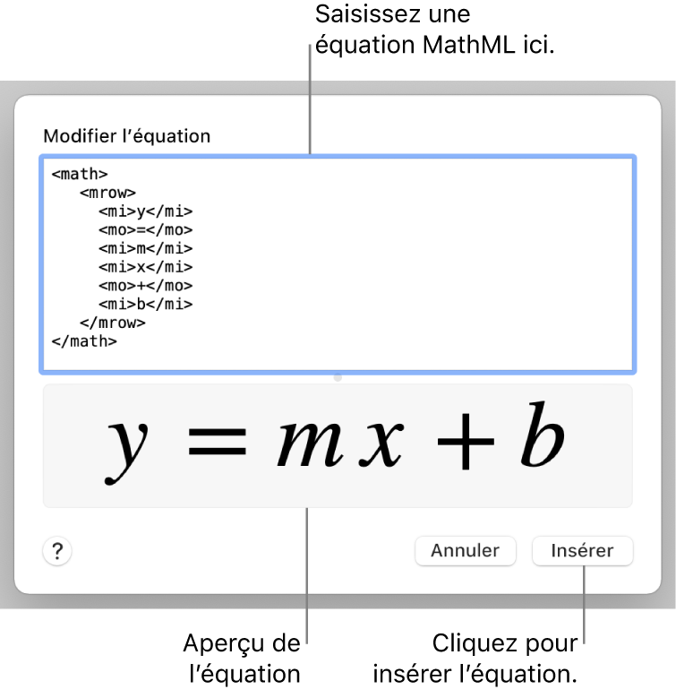 Équation de la pente d’une droite dans le champ Modifier l’équation et aperçu de la formule en dessous.