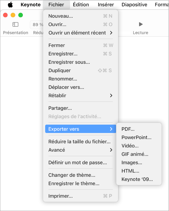 Menu Fichier ouvert avec option Exportation vers sélectionnée, le sous-menu correspondant affichant les options d’exportation aux formats PDF, PowerPoint, Vidéo, HTML, Images et Keynote ’09