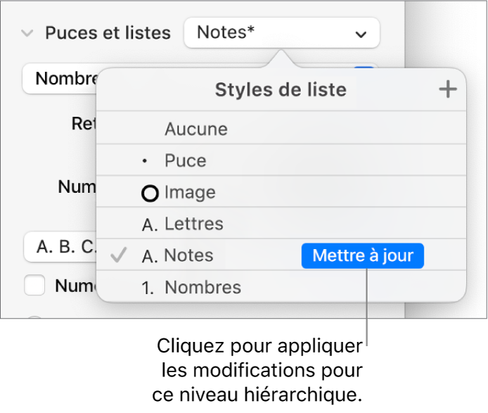 Menu contextuel Styles de liste avec un bouton Mettre à jour situé à côté du nom du nouveau style.
