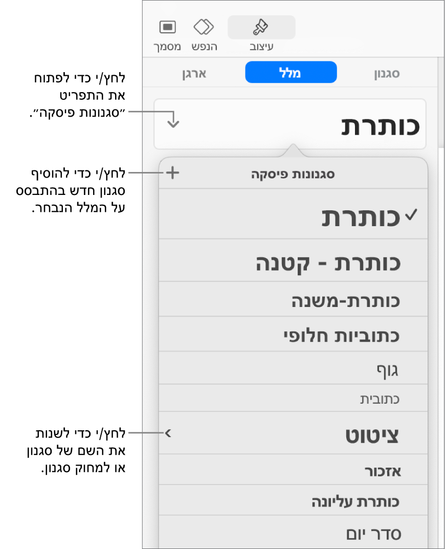 התפריט ״סגנונות פיסקה״, מציג כלי בקרה להוספה או שינוי של סגנון.