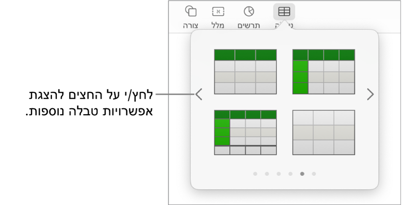 החלונית ״הוסף טבלה״ עם חיצי ניווט משמאל ומימין.