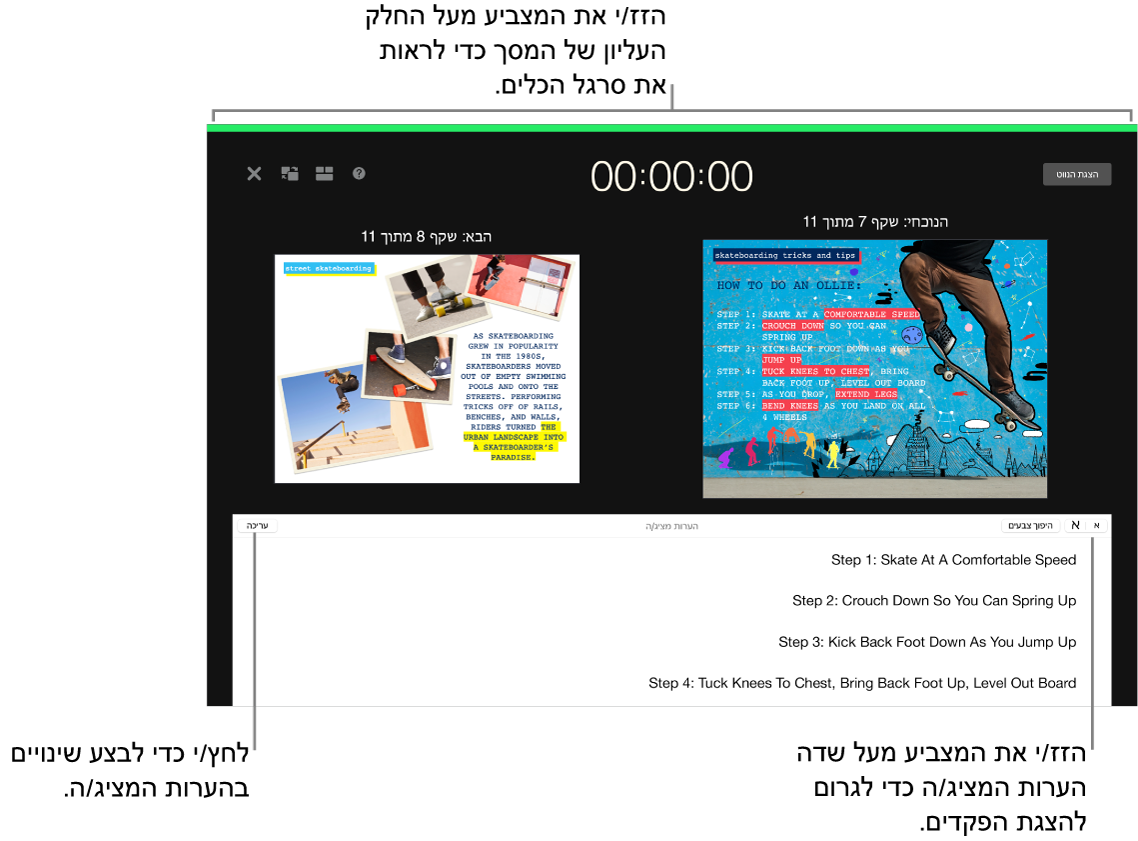 צג המציג/ה ב-Keynote עם כפתורים לפתיחה וסגירה של נווט השקפים ואפשרויות תצוגה לאורך החלק העליון של המסך. השקף הנוכחי והשקף הבא מוצגים במרכז המסך, כאשר השדה ״הערות המציג/ה״ בחלק התחתון.