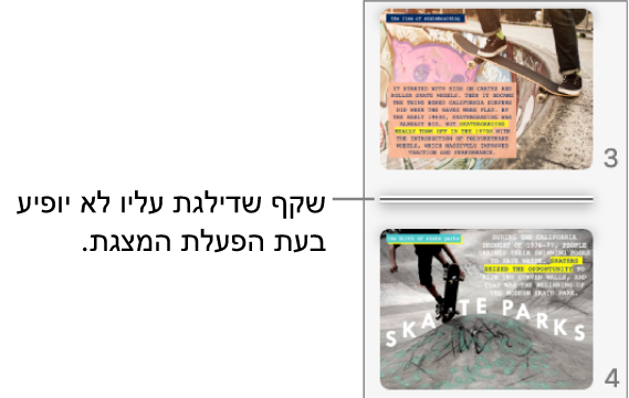נווט השקפים עם שקף שדילגת עליו מוצג כקו אופקי.
