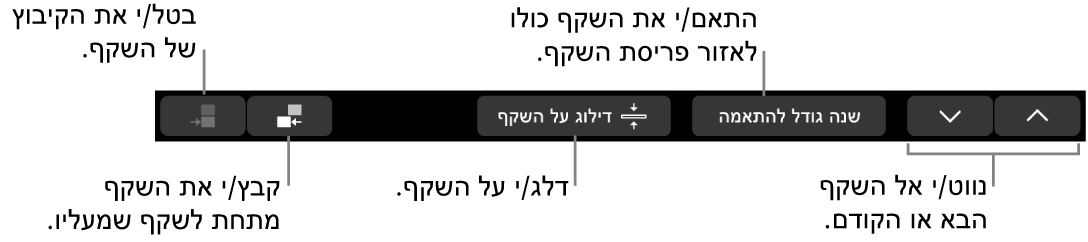 ב‑MacBook Pro, ה‑Touch Bar מציג כלי בקרה לניווט לשקף הבא או הקודם, להתאמת השקף לפי אזור פריסת השקפים, לדילוג על שקף ולקיבוץ או ביטול קיבוץ של שקפים.