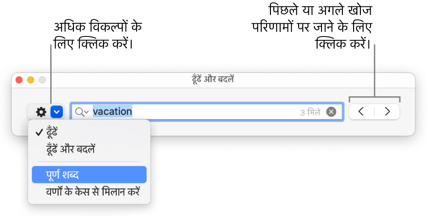 “ढूँढें और बदलें” विंडो जिसमें पॉप-अप मेनू “ढूँढें”, “ढूँढें और बदलें” “पूरे शब्द” और “मैच केस” के लिए विकल्प दिखा रहा है। दाईं ओर के तीर आपको अगले और पिछले खोज परिणाम पर जाने की सुविधा उपलब्ध कराता है।