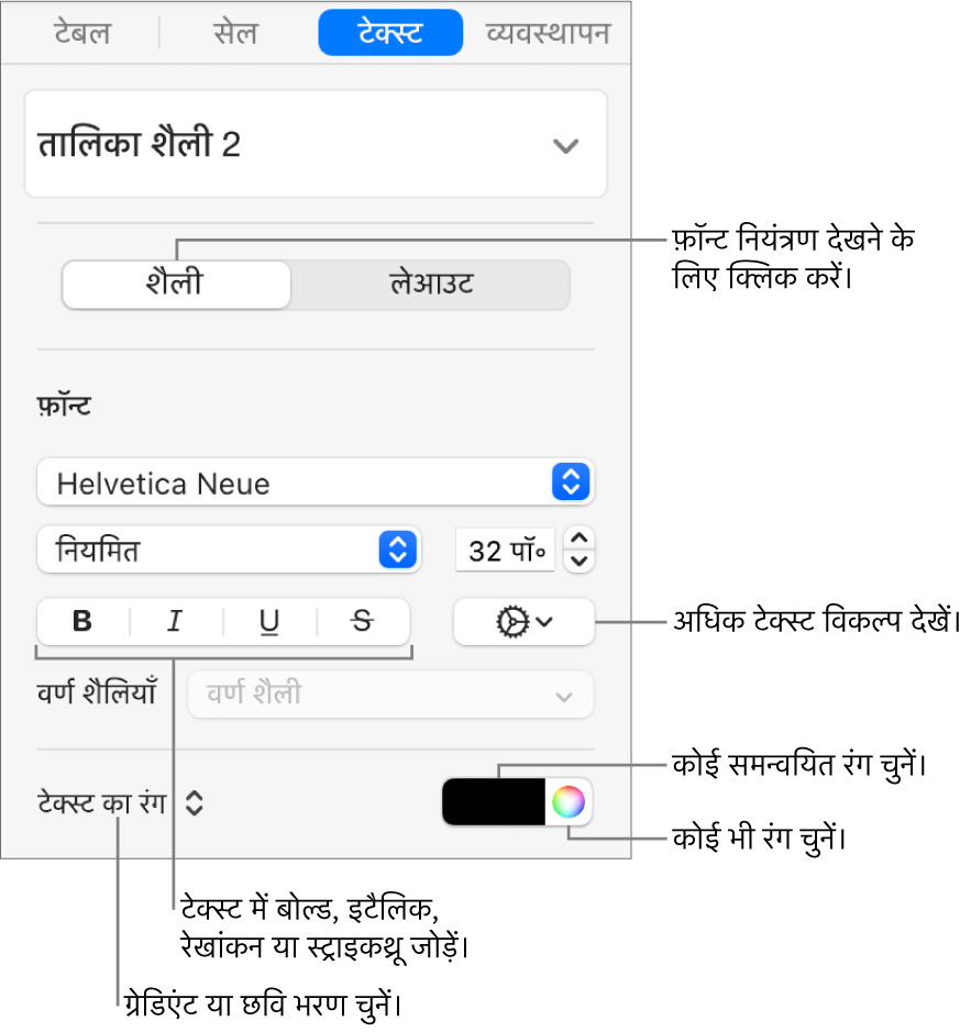 टेबल के टेक्स्ट को शैली देने के लिए नियंत्रण।