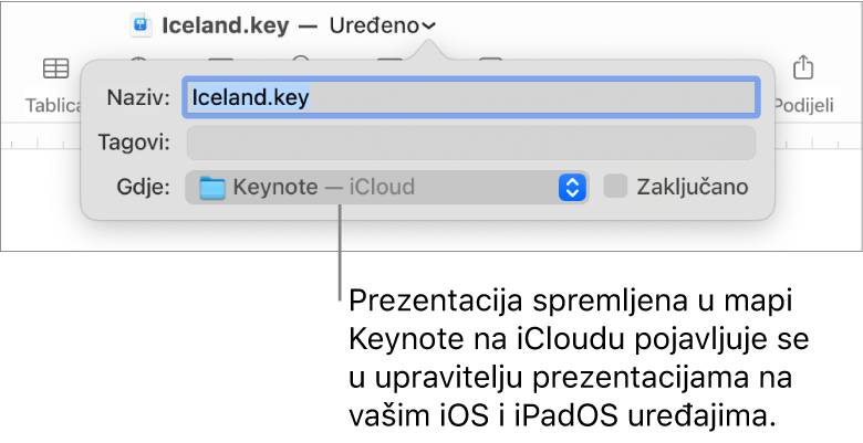 Dijaloški okvir Spremi za prezentaciju s aplikacijom Keynote – iCloud u skočnom izborniku Gdje.