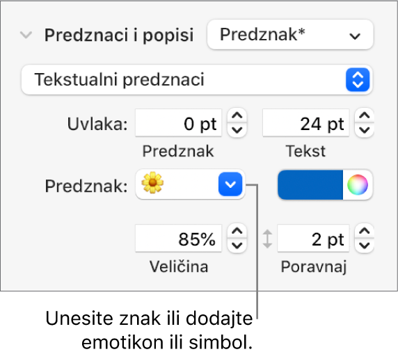 Odjeljak Grafičke oznake i popisi stupca Formatiraj. Polje Grafičke oznake prikazuje emotikon cvijeta.