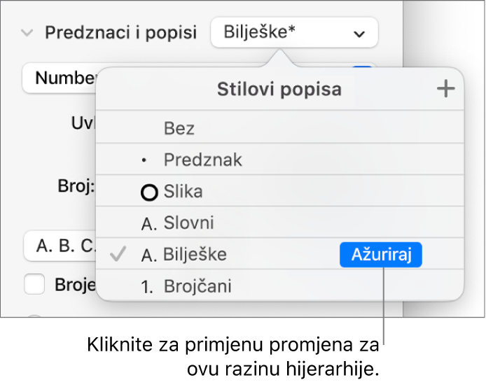 Skočni izbornik Stilovi popisa s tipkom Ažuriraj pokraj naziva novog stila.