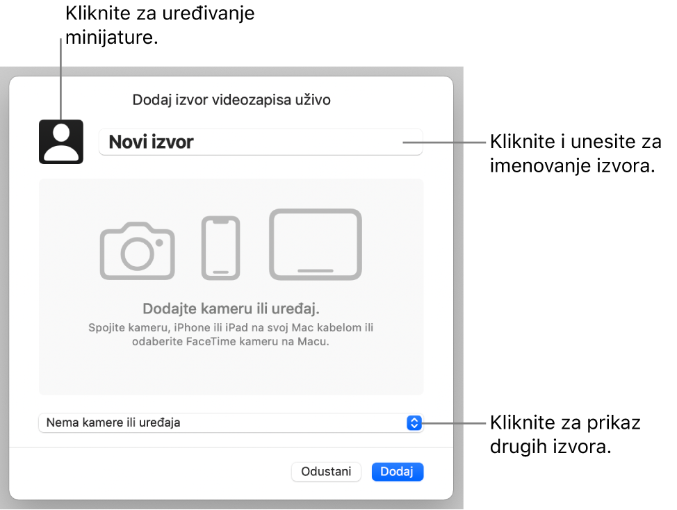 Prozor Dodaj izvor videozapisa uživo s naredbama za promjenu naziva i minijature izvora na vrhu i za odabir drugih izvora na dnu.