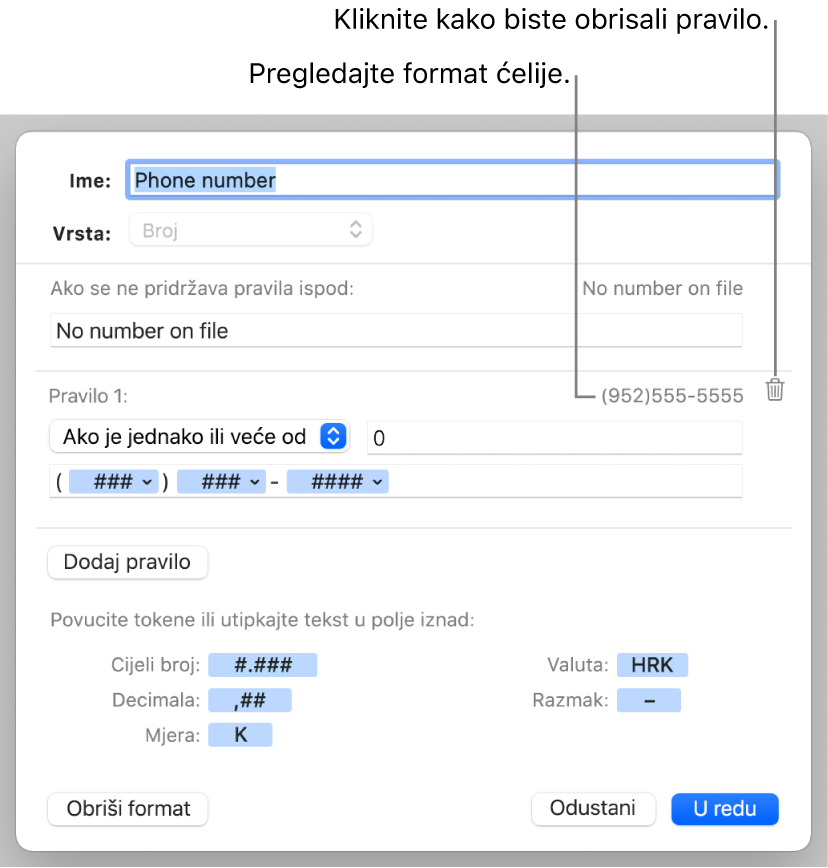Vlastiti format brojčanih ćelija s pravilima.