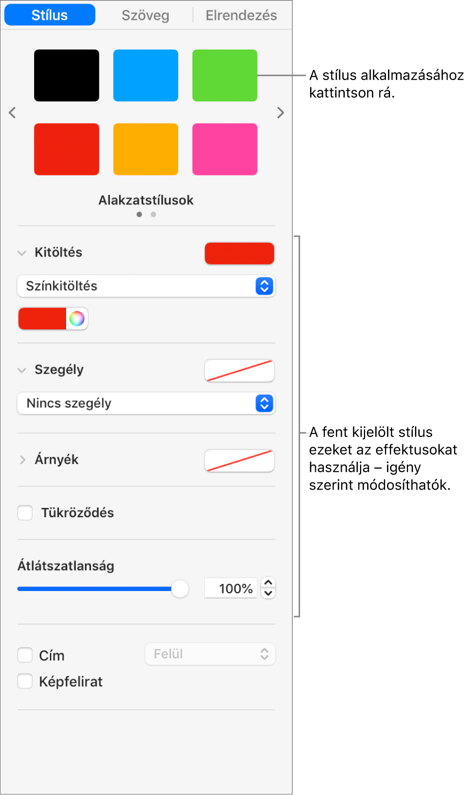 Alakzatstílusok és beállítások az oldalsáv Formátum szakaszában.