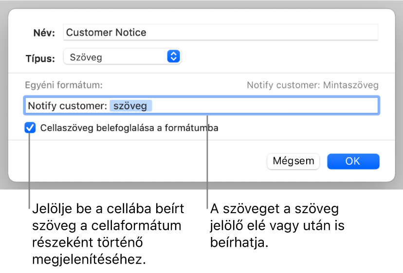 Egyéni szövegcella-formátum.