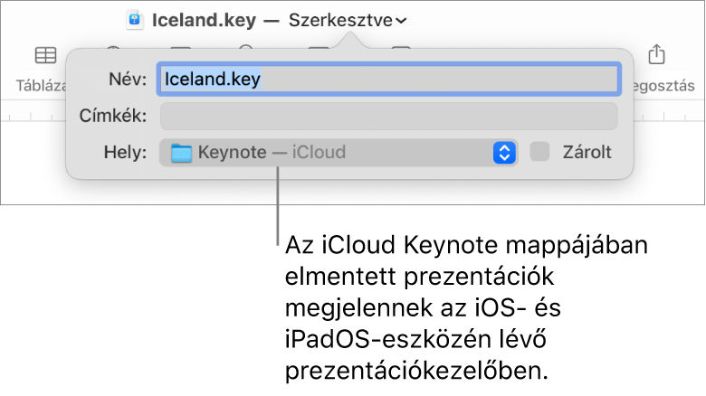 A Mentés párbeszédpanel Keynote – iCloud prezentáció esetében, a Hely előugró menüben.