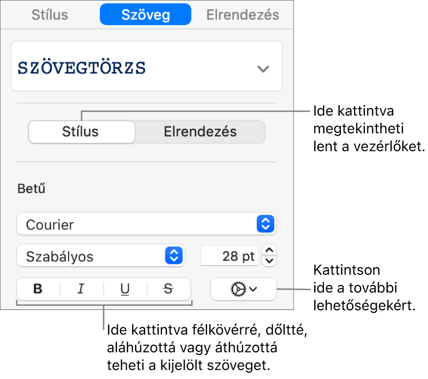 Az oldalsáv Stílus vezérlői a Félkövér, Dőlt és Aláhúzott és Áthúzott gombokat jelölő ábrafeliratokkal.