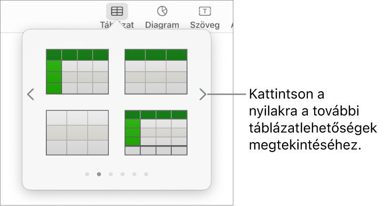 A Táblázat hozzáadása panel navigációs nyilakkal a bal és jobb oldalon.