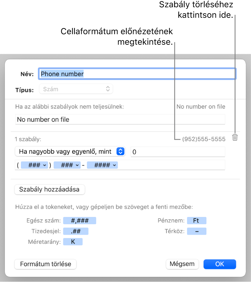 Egyéni számcellaformátum, szabályokkal.