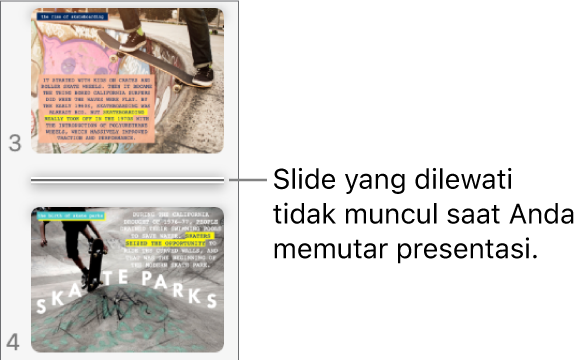 Navigator slide dengan slide yang dilewati ditunjukkan sebagai garis horizontal.