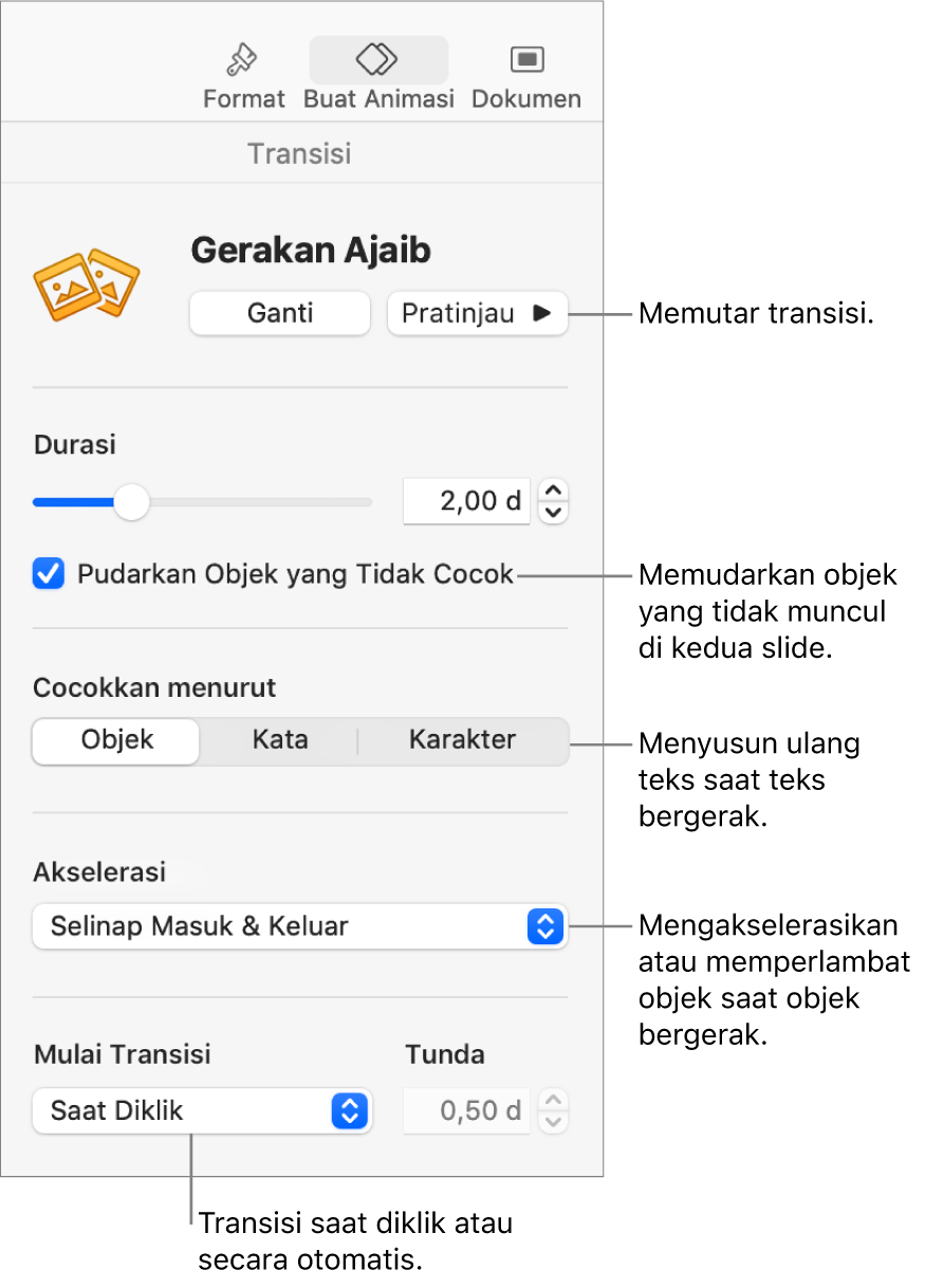 Kontrol transisi Gerakan Ajaib di bagian Transisi pada bar samping Buat Animasi.